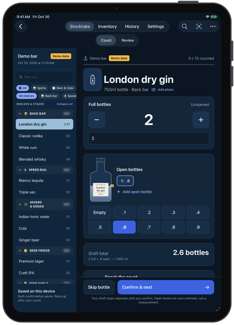 Bar Stocktake on iPad counting London dry gin: 2 full bottles and one open at 0.6, 2.6 bottles in total, with every shelf listed on the left