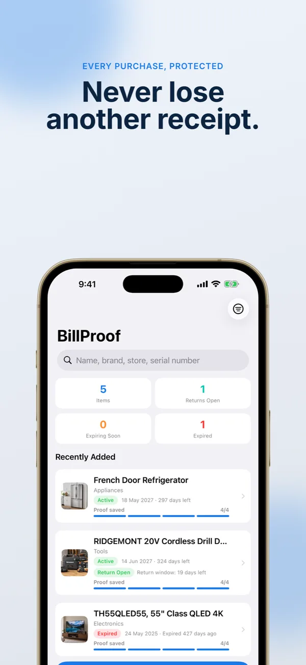 BillProof: Warranty Tracker: Scan a receipt, track every deadline, and keep proof of purchase ready.