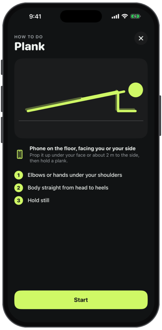 Pushkey plank guide showing where to put the phone and what counts