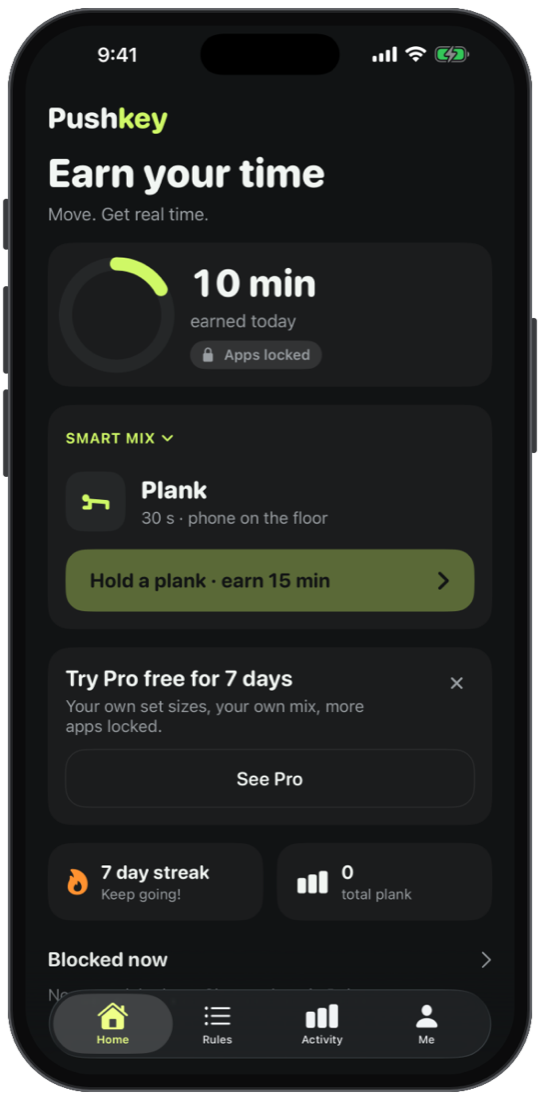 Pushkey: Push Up App Blocker: Lock your most distracting apps. Do a set of push-ups to earn screen time back.