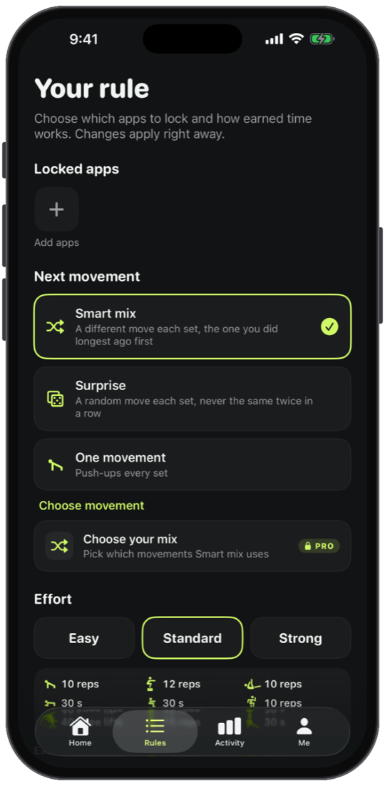 Pushkey rule screen with locked apps, next movement and Effort settings